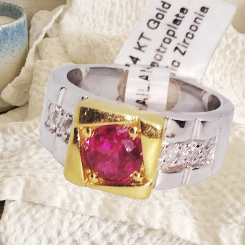 14KT Gold Plated Two Tone Ring with Red CZ Size 8. NWT